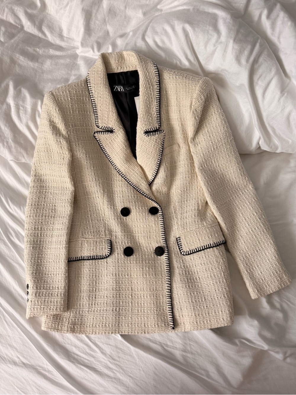 Zara Cream Textured Double-Breasted Blazer with Black Trim
